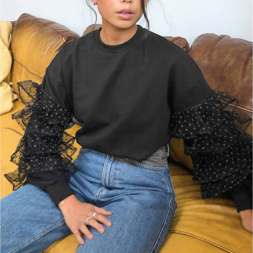 Violet romance sweater with organza frills in black size 4
